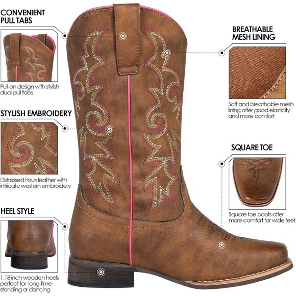 SheSole Womens Brown Cowboy Square Toe Cowgirl Wide Calf Western Boots - Picture 3 of 9